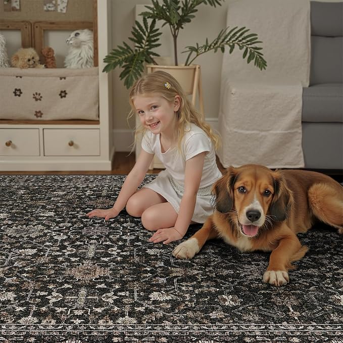 DCX Black 8x10 Rug, Kid & Pet Friendly with Rubber Back Non Slip, Machine Washable Stain Resistant Vintage Traditional Distressed Carpet, Rug for Living Room, Bedroom, Home Decor