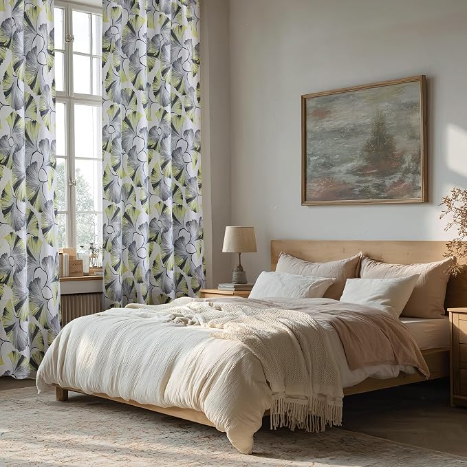 Joydeco Printed Curtains 84 inches Long,Light Yellow Floral Blackout Curtains for Living Room 2 Panels,52 x 84 inch Rod Pocket Thermal Insulated Bohemian Drapes for Farmhouse,Bedroom,White