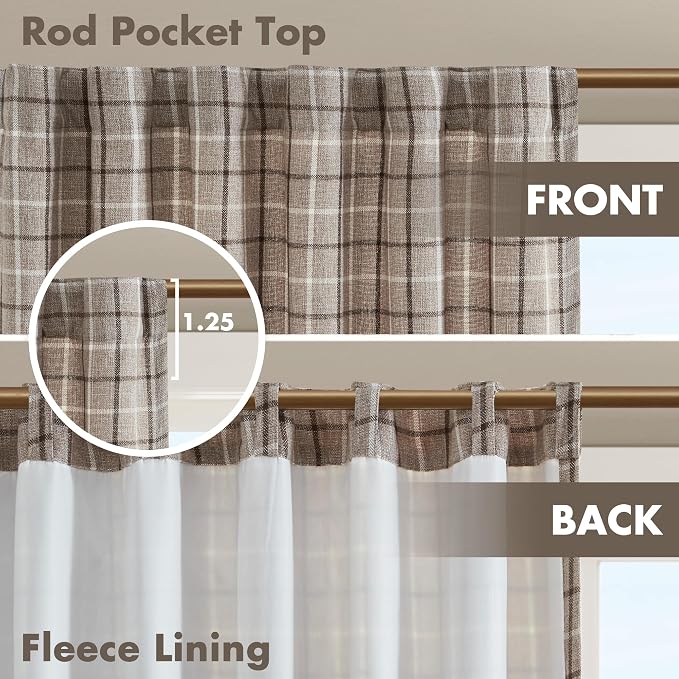 Madison Park Anaheim Cabin Plaid Curtain Window, Thermal Insulated Fleece Lining, Living Room Decor Room Darkening Drape for Bedroom, 1-Single Panel Pack, 50x108, Rod Pocket & Back Tab, Brown