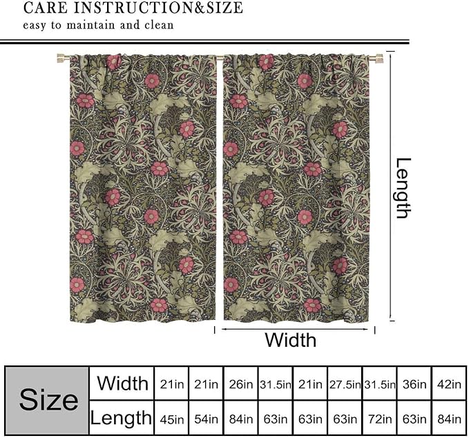 Vintage Flower Blackout Curtains, William Morris Style Art Floral Rustic Plant Wildflower Window Drapes, for Living Room Bedroom 42(W)*84(L) 2 Panels