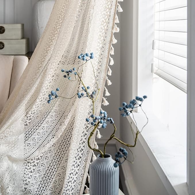 Sutuo Home Beige Boho Lace Sheer Curtains 84 inches Long,Crochet Macrame Semi-Sheer Bohemian Drape with Tassels, Cream Farmhouse Window Curtains for Living Room & Bedroom, 1 Panel 59" W,Rod Pocket