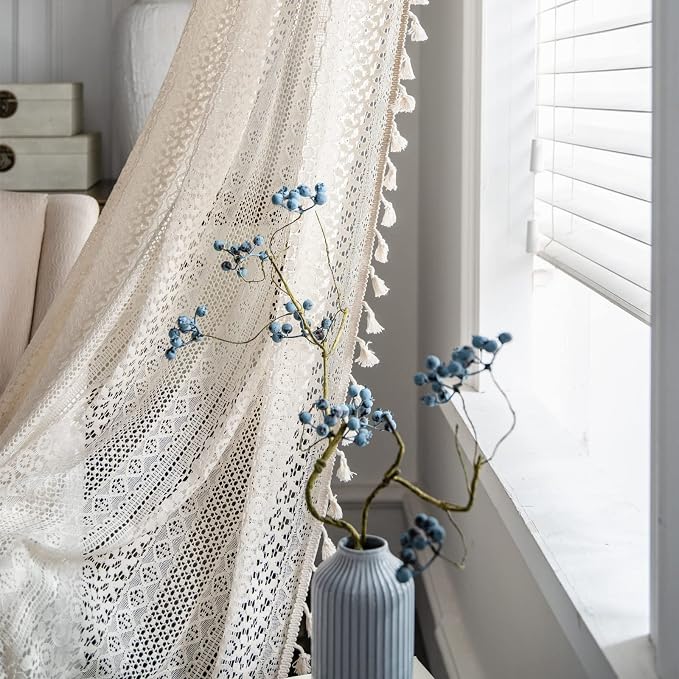Sutuo Home Boho Curtains Crochet Lace Semi-Sheer Bohemian Hollow Knitted Handmade Tassels, Rod Pocket Window Treatment Vintage Rustic Farmhouse Drapes for Living Bedroom, 1 Panel 59" W x 72" L, Beige