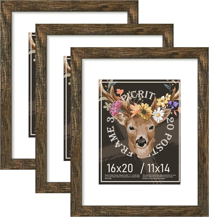 Picrit 16x20 Picture Frame 3 Pack, Wooden Brown Rustic Poster Frame, Display Poster 11 x 14 with Mat or 16 x 20 without Mat for Horizontal or Vertical Wall Mounting