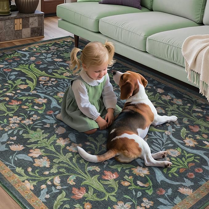 Tangsoo Green Washable Entry Rug, 2x3 Small Area Throw Rugs for Entryway Non Slip, Vintage Floral Thin Rug for Kitchen Bedroom, Low Pile Floor Carpet Front Door Mat for Entrance Bathroom Foyer Decor