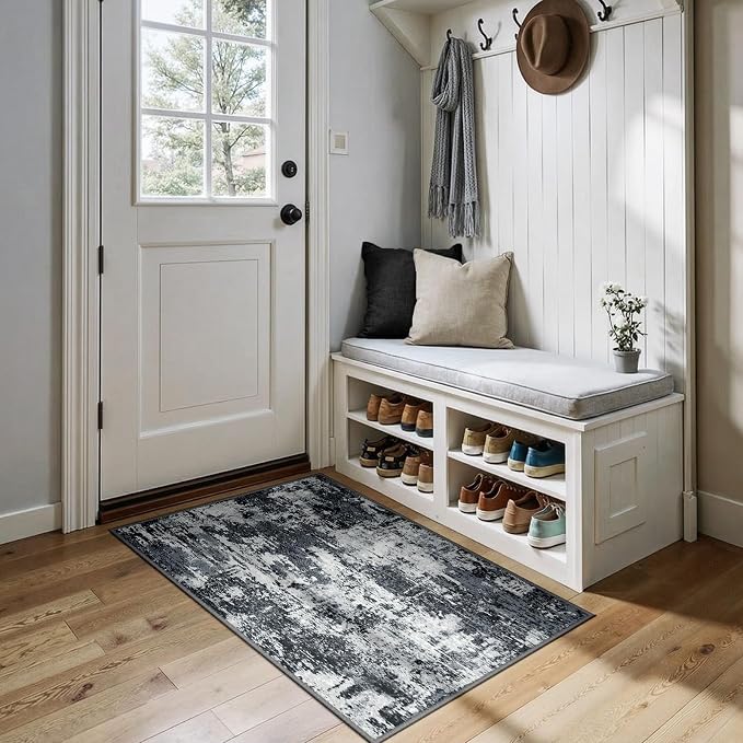 RELEANY Washable Area Rugs 3x4 Non-Slip Modern Abstract Soft for Living Room Entryway Bedroom Kitchen, Print Pattern, Black Navy Blue Gray
