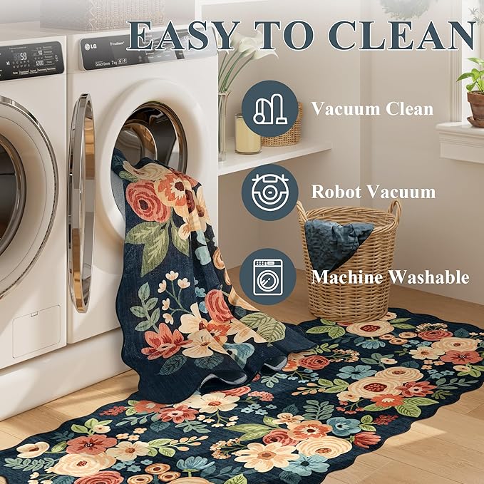 DUKINO 2x10 Runner Rug for Hallway, Washable Kitchen Rug with Non Slip Backing & Non-Shediing, Soft Low Pile Floral Design Runner for Bedroom, Kithchen, Living Room, Laundry, Bathroom, Navy Blue