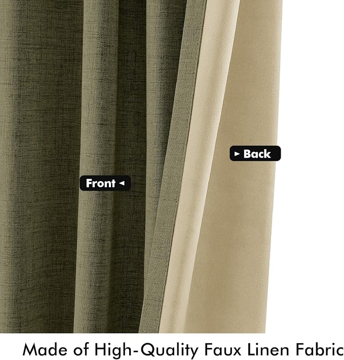 MIULEE 100% Blackout Linen Curtains for Bedroom, Light Olive Green Solid Luxury Decor Thermal Insulation Room Darkening Drapes for Living Room Back Tab Rod Pocket 42 x 63 Inches, 2 Panels