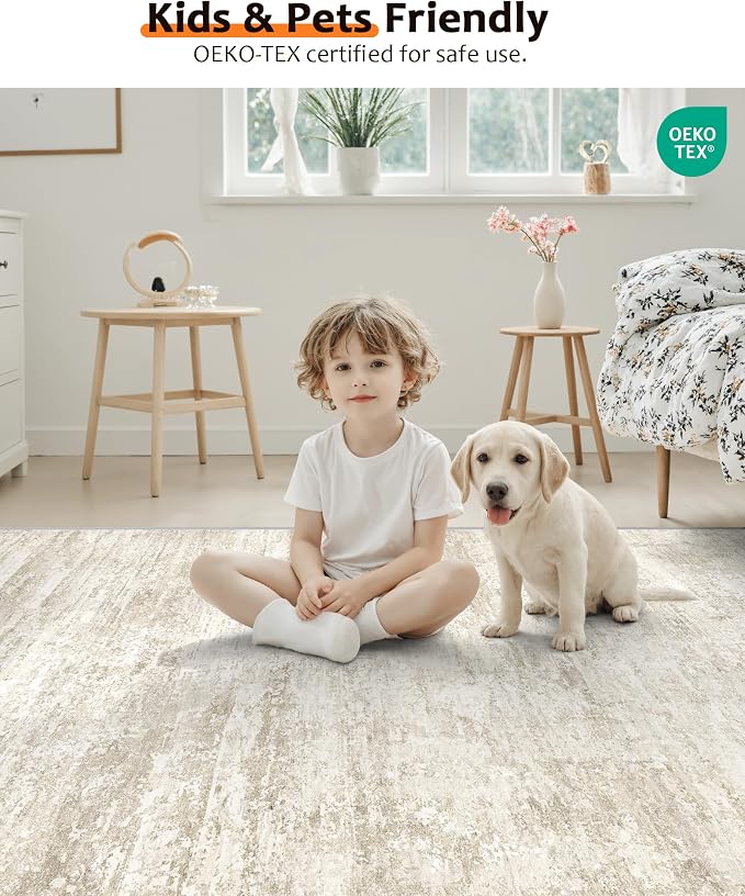 Art&Tuft Washable Rugs 8x10, Anti-Slip Backing Abstract 8x10 Area Rugs for Living Room, Foldable Stain Resistant Machine Washable Area Rug(8'x10', Beige)