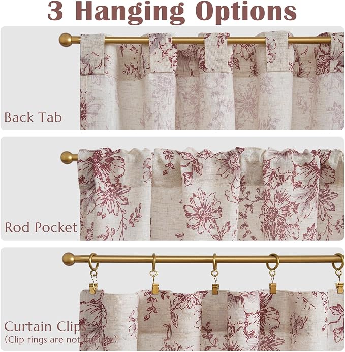 jinchan Linen Floral Tier Curtains 24 Inch Farmhouse Botanic Cafe Curtains Light Filtering Drapes for Small Windows Back Tab Half Window for Kitchen Living Room Bathroom 2 Panels Red