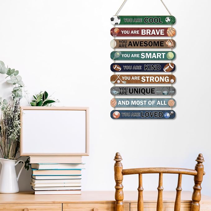 MONALET Sports Balls Inspirational Wall Decor for Boys Kids Room Classroom Playroom Nursery, You Are Loved Hanging Wooden Signs Decorations, Soccer Basketball Football Wall Art Wood Plaque 9Pcs 12x19