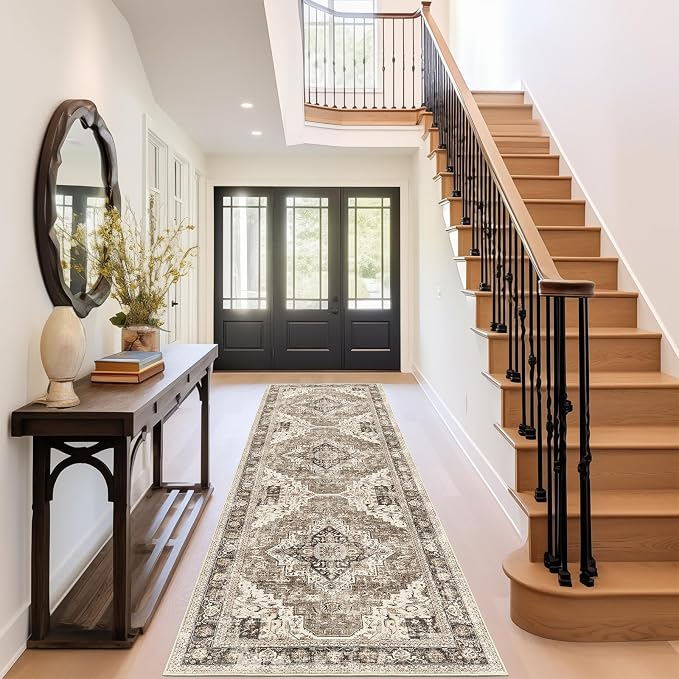 Roxstand Washable 2.6x8 Hallway Runner Rug, Brown/Beige | low-pile carpet, non-slip backing,8ft runner, stain resistant, runner for kitchen, laundry room, entryway,vintage design