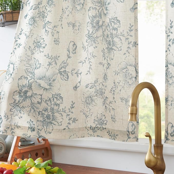 jinchan Floral Linen Tier Curtains Blue Flower on Beige Cafe Curtains 36 Inch Length Kitchen Living Room Bedroom Bathroom Farmhouse Rustic Country Rod Pocket 2 Panels