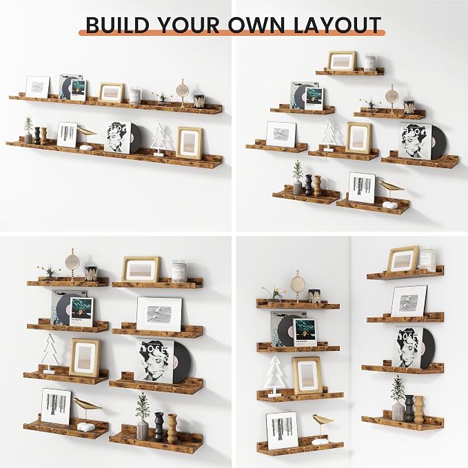 Floating Picture Ledge Shelves Set of 8, 16 Inch Solid Wood Wall Shelves with Lip, Large Nursery Book Shelf for Toys Storage, Kids Bookshelf, Living Room, Bedroom Decor Frames