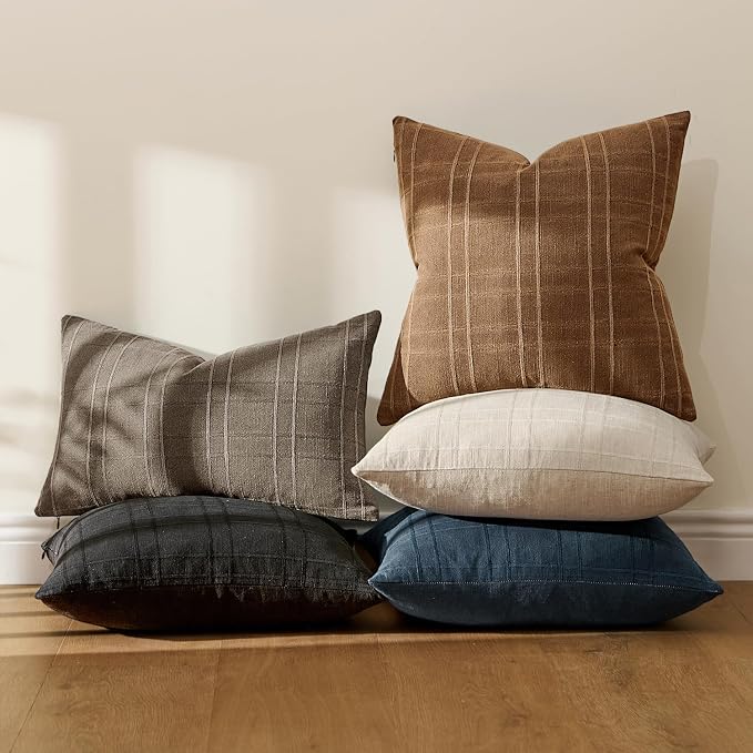 MIULEE Decorative Linen Check Throw Pillow Covers Neutral Farmhouse Vintage Pillow Covers 18x18 Set of 2 Boho Modern Winter Home Decor for Sofa Couch Bedroom Cushion Camel Brown