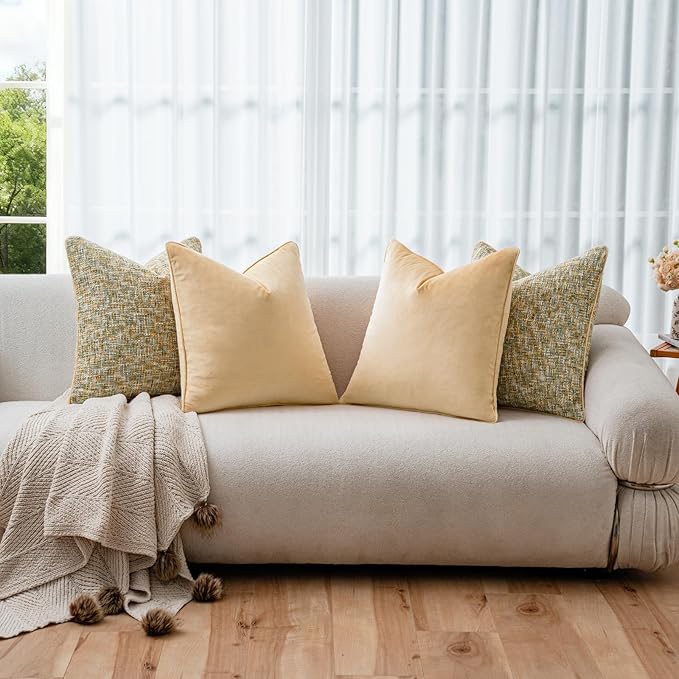 a moment Yellow 4 Pack Throw Pillow Covers - Chenille & Velvet Set with Piping, Farmhouse Textured Design Pillow Cases for Couch Sofa Bed Livingroom (22x22 Inch, No Insert)