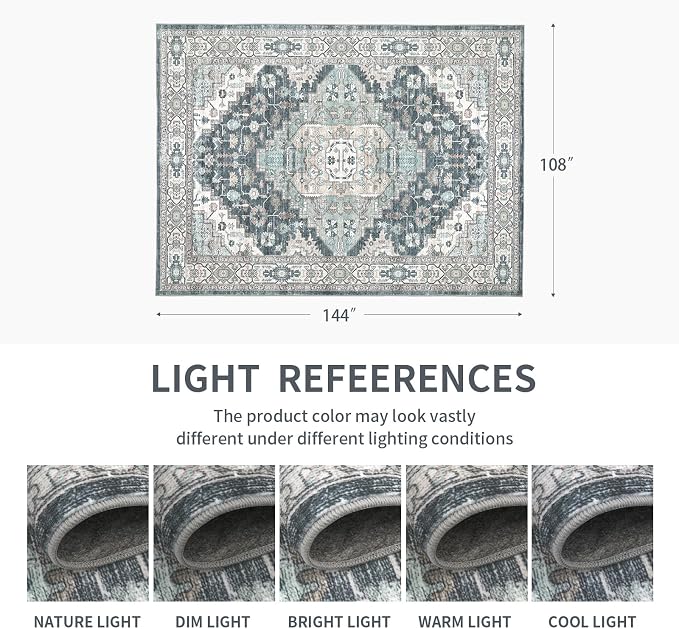 9x12 Vintage Washable Area Rug for Living Room,Low Pile Non Slip Carpet Non-Shedding Large Area Rug Soft Indoor Stain Resistant Rug Boho Print Mat for Bedroom Dining Room Blue Beige Multi