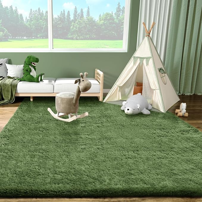 Ophanie Gray Green Rug Grass Area Rugs for Bedroom,4x6 Shag Fluffy Carpet,Fuzzy Furry Plush Soft Cute Kids Baby Girls Shaggy Bedside Floor Carpets for Teen Dorm Decor with Over 99 pcs Pile fibers
