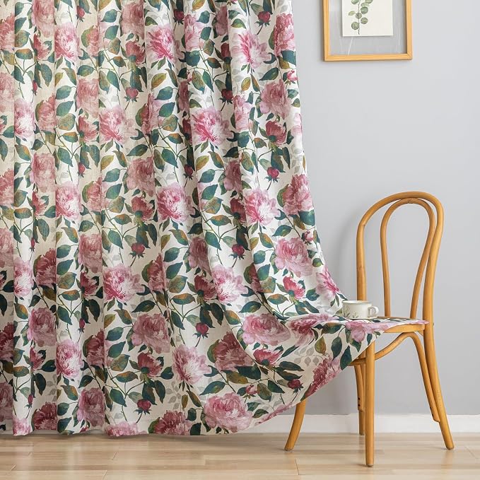Linen Blend Glass Sliding Door Curtain 100x84 inches Vintage Floral Patio Door Curtains Extra Wide Privacy Curtains for Room Divider Grommet Farmhouse Country Chic Drapes 1 Panel W100 x L84 Pink