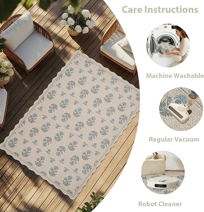 ORTIGIA Scalloped Easy Jute 5x7 Area Rug Vintage Blue Floral Farmhouse Washable Non-Slip Indoor Outdoor Carpet for Living Room Bedroom Patio Entryway