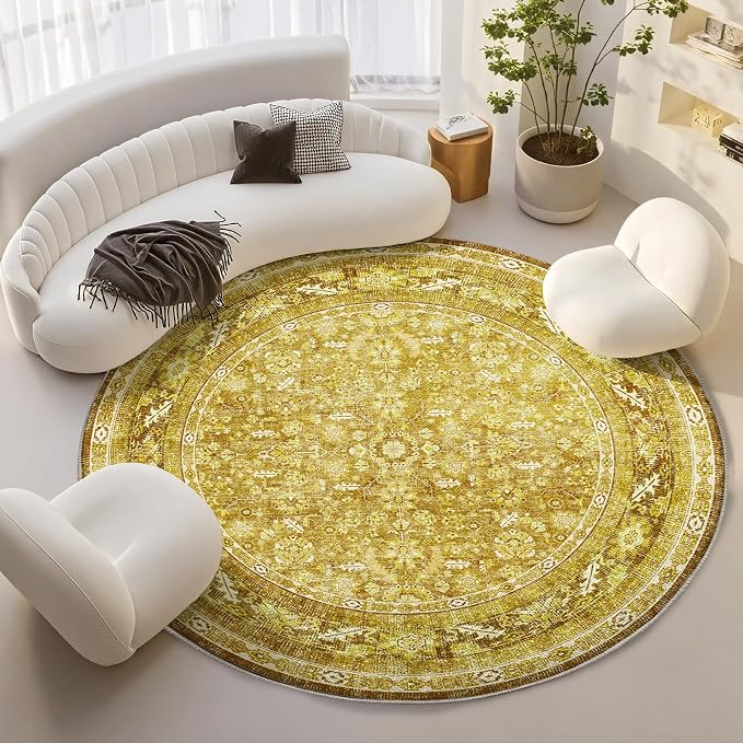 OPPODREAM Vintage Yellow Round Rug 8ft, 8 ft Retro Washable Circle Rug Non Slip, Low-Pile Faux Wool Circular Carpet, Distressed Floor Mat for Living Room, Bedroom, Office, Dorm, Dinning Room
