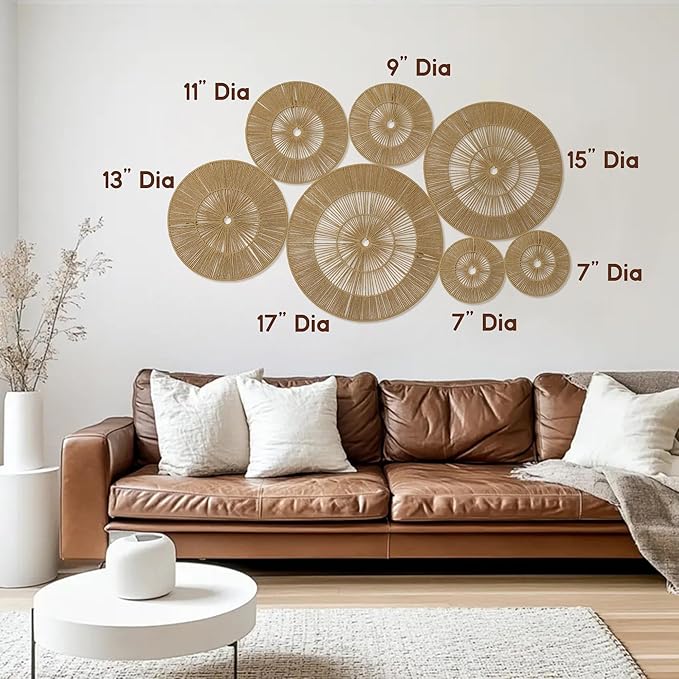 Mokof 7 Pack Boho Wall Baskets Decor Set (17", 15", 13", 11", 9", 7", 7") - Natural Paper Rope Round Wall Art for Living Room, Bedroom, Dining Room, Bohemian Home Decor