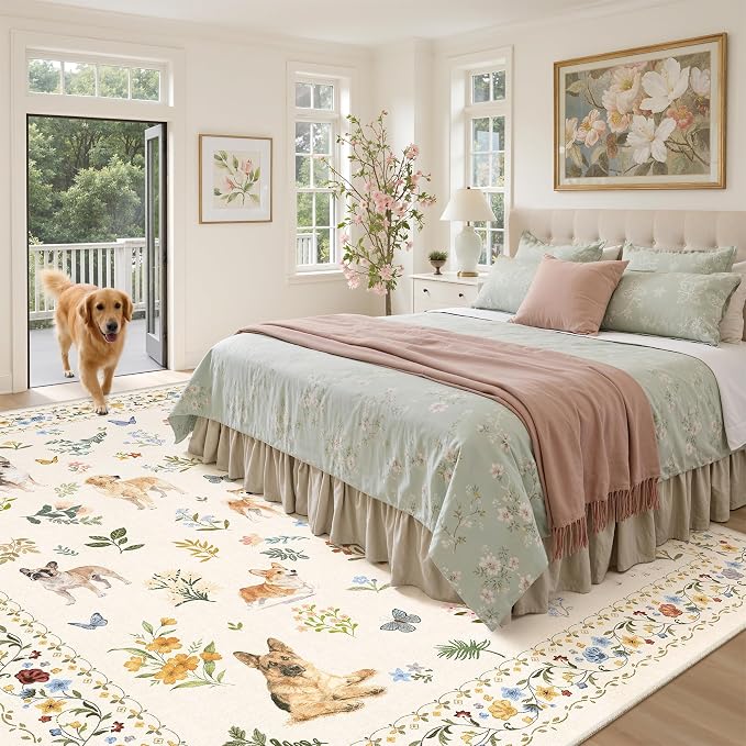 Soalmost Dog 8x10 Area Rugs for Living Room, Machine Washable Animal Floral Vintage Rug Non-Slip Low Pile Soft Throw Large Rugs for Classroom Bedroom Dining Room Nursery Playroom (8 x 10,Beige)