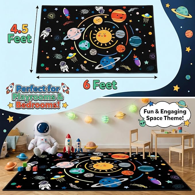 Space Rugs for Kids Bedroom,4'5''×6' Outer Space Rug for Boys Room with Solar System Planets,Space Theme Carpet for Bedroom Playroom Classroom
