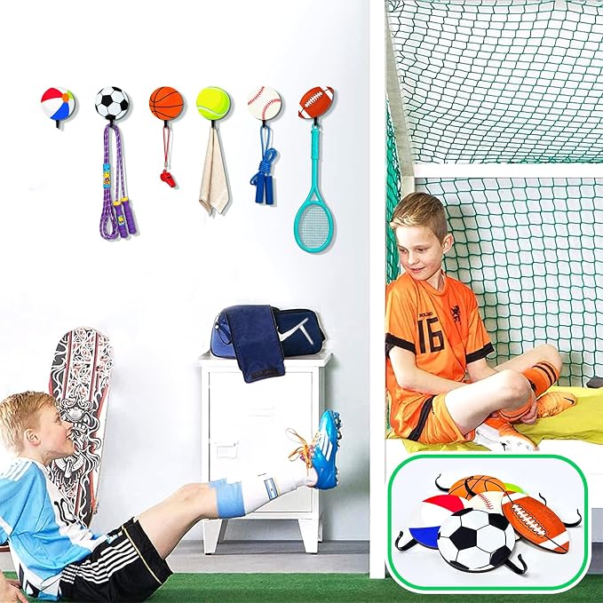 THEYGE Sports Coat Hooks for Boys Kids Bedroom Decor Basketball Baseball Football Soccer Wall Mount Decor Rack Hooks Wooden Towel Hook Key Backpack Mounted Hanger Clothes Hanging Hook Sports