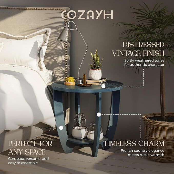 COZAYH Rustic Farmhouse End Table with Storage Shelf, French Country Modern Round Accent Side Table for Small Spaces, Vintage Blue Finish