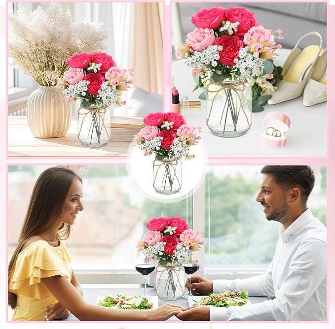 Zeyune 6 Sets Mason Jar Centerpiece Table Decorations, Artificial Peony Baby's Breath Flower Bouquets, Faux Flowers with Vase, Rustic Decor Gifts for Home, Wedding, Holiday (Pink Mix)