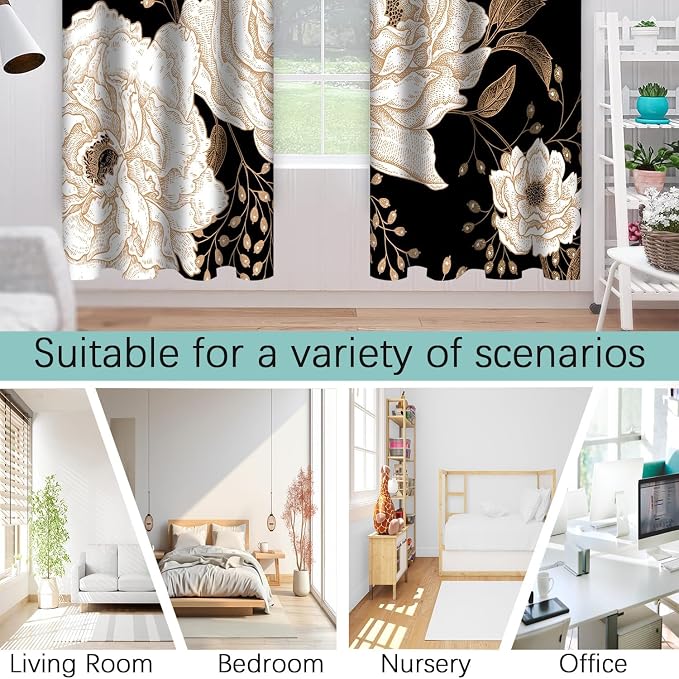 Boho Floral Blackout Curtain, Black Gold Flowers Aesthetic Art Curtains Darkening Thermal Insulated Grommet Window Drapes for Living Room Bedroom Decor 2 Panels 52x96 Inches
