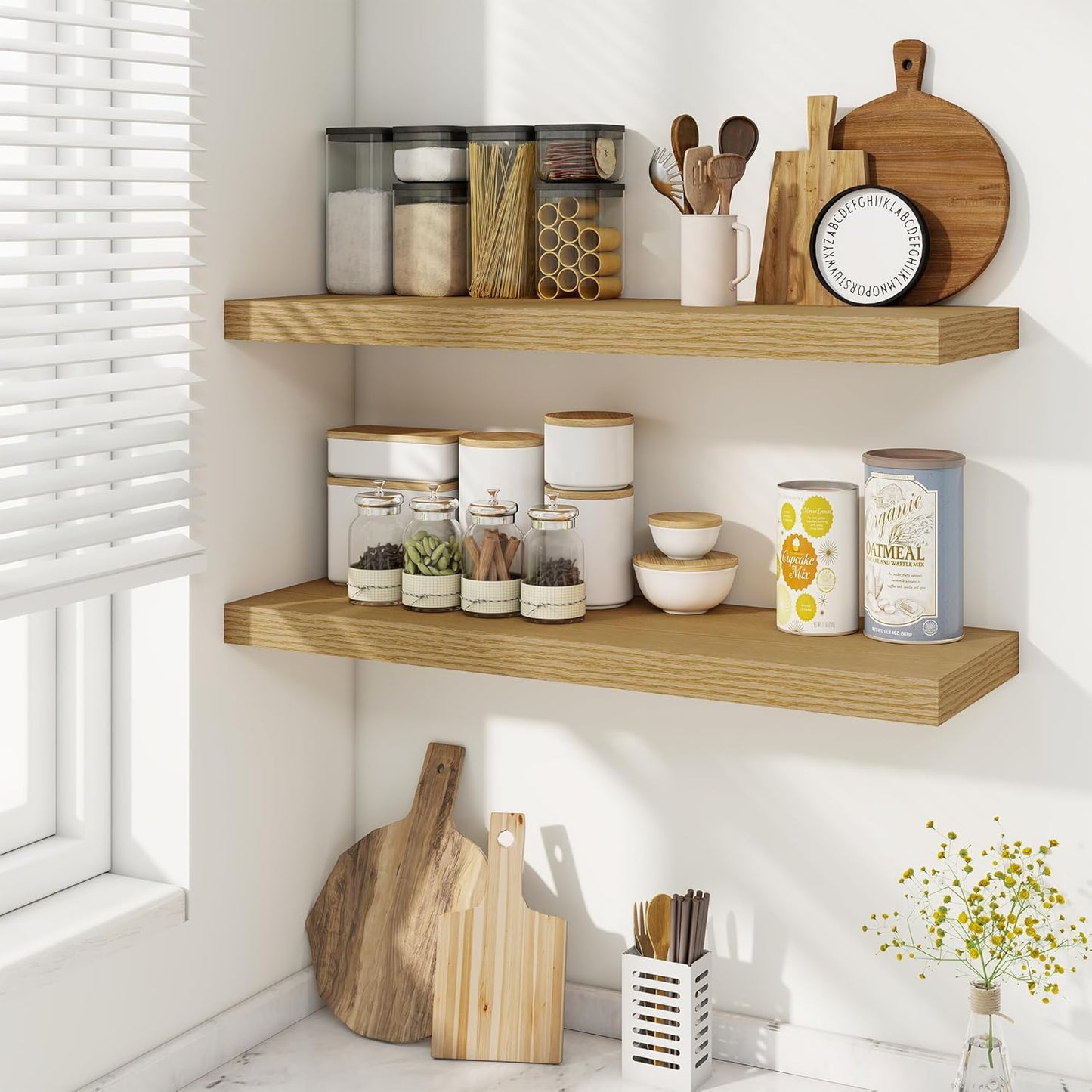 Fun Memories Floating Shelves for Wall, 30 Inch Rustic Wood Wall Mounted Shelves for Bathroom, Bedroom, Kitchen, Living Room, Deep Floating Shelves for Storage & Home Decor (Oak, Set of 2)