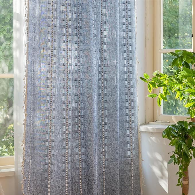 Deeprove Denim Blue Boho Curtain 84 inches Length for Bedroom Dining Room, Western French Bohemian Sheer 84 inches Long Stripe Embroidery Privacy Window Tassel Cottagecore W52 x L84, 1 Panel