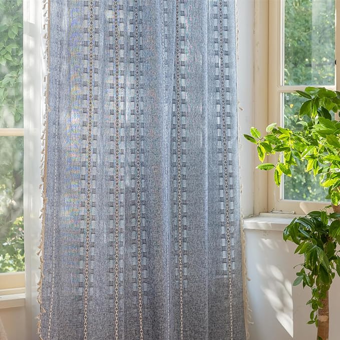 Deeprove Denim Blue Boho Curtain 72 inches Length for Laundry Room Bathroom, American Classic Bohemian Sheer 72 inches Long Stripe Embroidery Privacy Window Tassel Decor W52 x L72, 1 Panel
