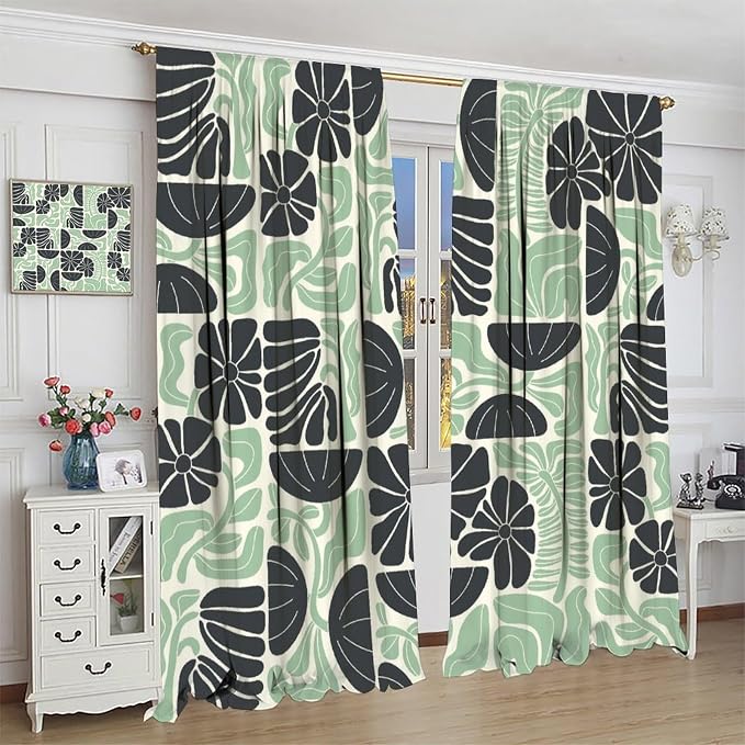 JESTRONRY Mid Century Boho Curtains, Modern Abstract Abstract Geometric Green Floral Pattern Print Blackout Window Door Curtains for Bedroom Living Room Home Decor 72x63in