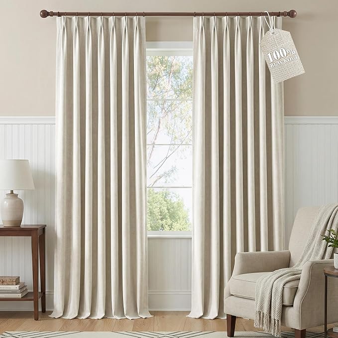 NICETOWN PRO 100% Blackout Beige Curtains for Living Room, Pinch Pleated Linen Blend Window Treatments Thermal Drapes Sound Dampening for Bedroom, W40 x L102, 2 Panels