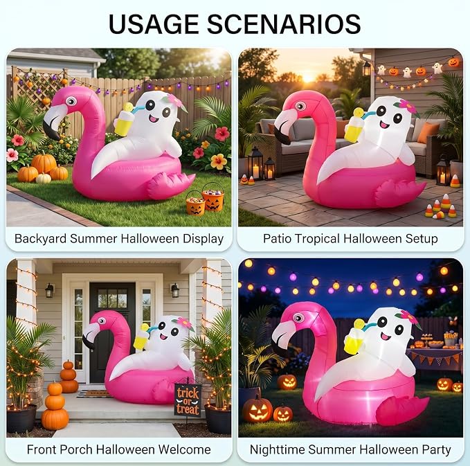 4.9FT Summerween Decorations Inflatable Ghost on Flamingo Float, Halloween Outdoor Inflatable Decor with Tropical Drink and LED Lights for Yard Lawn Garden Home, Summerween Party Decorations