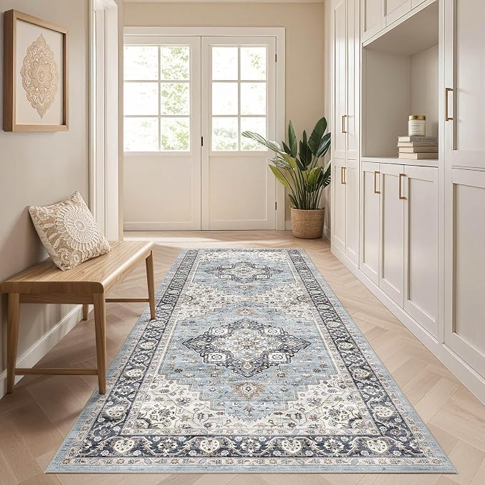 Runner Rug Kitchen Washable Rugs: 3x8 Non-Slip Boho Vintage Distressed Stain Resistant Indoor Neutral Farmhouse Throw Carpet for Hallway Bathroom Laundry Room Entryway Bedroom- Blue Tan