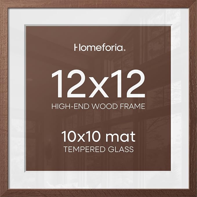 Homeforia 12x12 Frame Brown Wood, High End Dark Oak 12 x 12 Square Picture Frame with Mat 10 x 10 for Photo, 12by12 Wooden Walnut Poster Frame Matted to 10x10 Print, Tempered Glass, Wall Kit, Set of 2