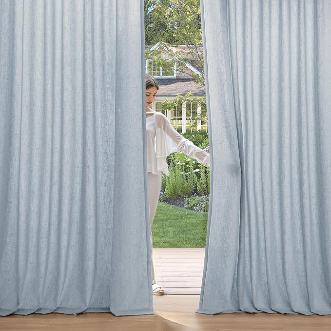 MIULEE Non-See-Through Privacy Linen Curtains 2 Panels, Chambray Blue Light Filtering Window Curtains Farn House Textured Back Tab Semi Sheer Drapes for Bedroom Living Room 90 Inches Long Light Blue