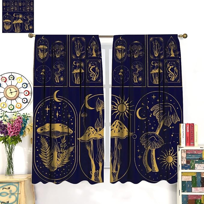 Mushroom Curtains,Boho Style Mystical Plant Sun Moon Print Window Treatments for Bedroom Living Room Kitchen Purple Herbs Window Drapes 2 Panels Set,Total Size 63 x 63 Inch