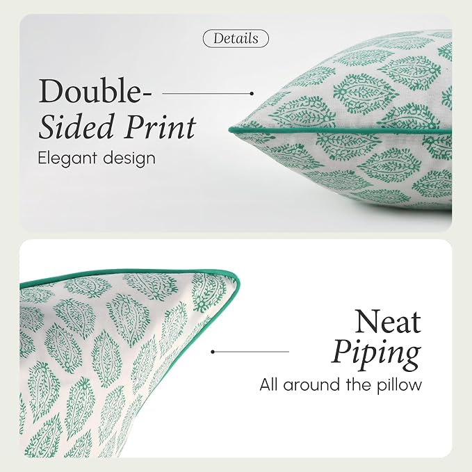 CPC 100% Cotton Throw Pillow Covers 18x18 Inch, Set of 2 Green Block Print Pattern Couch Pillow, Cute Boho Decorative Pillows for Living Room, Bedroom with Hidden Zipper- Sea Green