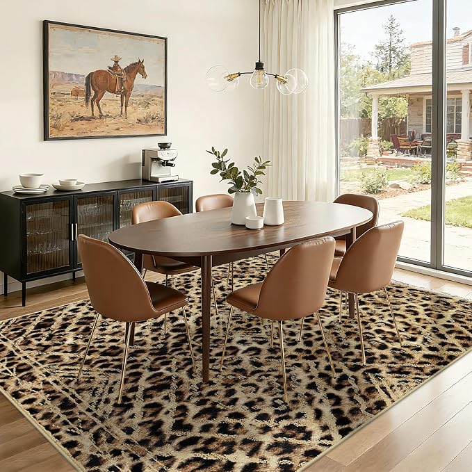 BESTSWEETIE Area Rug 5x7 Rug Machine Washable Non-Slip Low Pile Print Pattern Western Rug for Living Room Bedroom Entryway Tribal Series-Dark/Leopard
