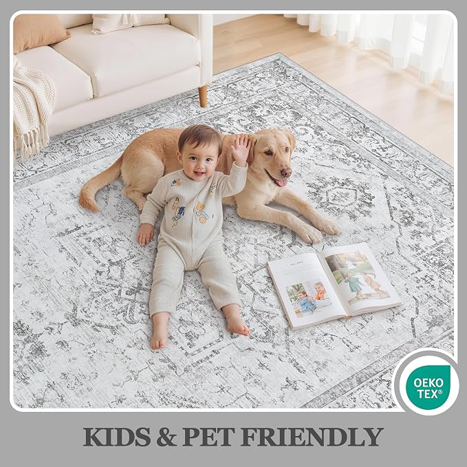 5x7 Area Rugs for Bedroom:Gray Washable Vintage Medallion Rug Non-Slip Soft Low Pile Large Rugs Indoor Retro Carpet for Living Room Kitchen Nursery Dining Table Office (Gray, 5'x7')