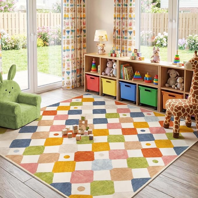 jinchan Macy Area Rug for Kids Room 6'x6' Square Rug Modern Colorful Nursery Rug Checkered Diamond Play Mat Washable Soft Non Slip Carpet for Playroom Bedroom Dorm Daycare Circus on Cream