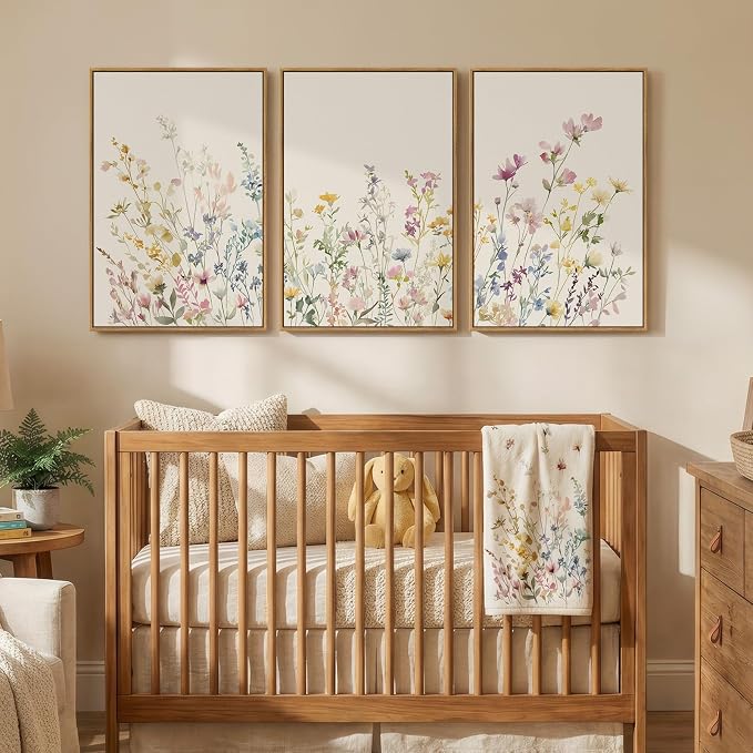 3 Piece Framed Watercolor Floral Canvas Wall Art for Bedroom, Large Botanical Wildflower Picture Prints Paintings, Pastel Farmhouse Flower Artwork Decor for Living Room Nursery Hallway 16x24 Inch