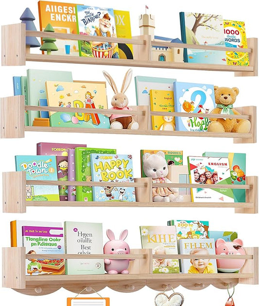 34Inch Nursery Book Shelves Wall Mounted, Floating Book Shelf for Kids Coat Rack with 6 Hooks, Wall Hanging Shelf for Baby Nursery Room Organizer ，Patent Number:US-D1058229-S(4, Burlywood)