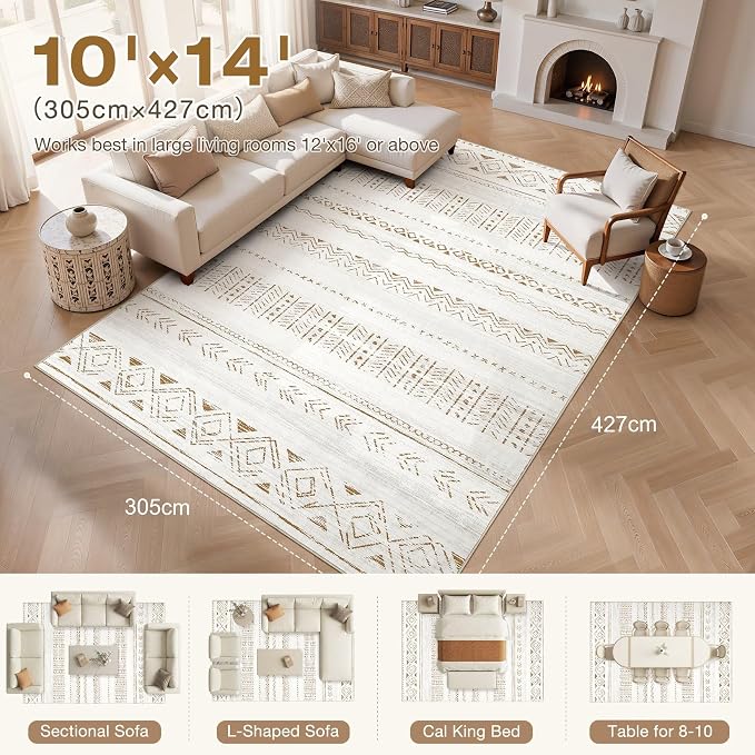 cotiled 10x14 Area Rugs Living Room Rug: Washable Boho Rugs with Non Slip Backing Large Soft Indoor Stain Resistant Carpet for Bedroom Farmhouse Dining Room Lightweight Home Decor L Brown/Cream