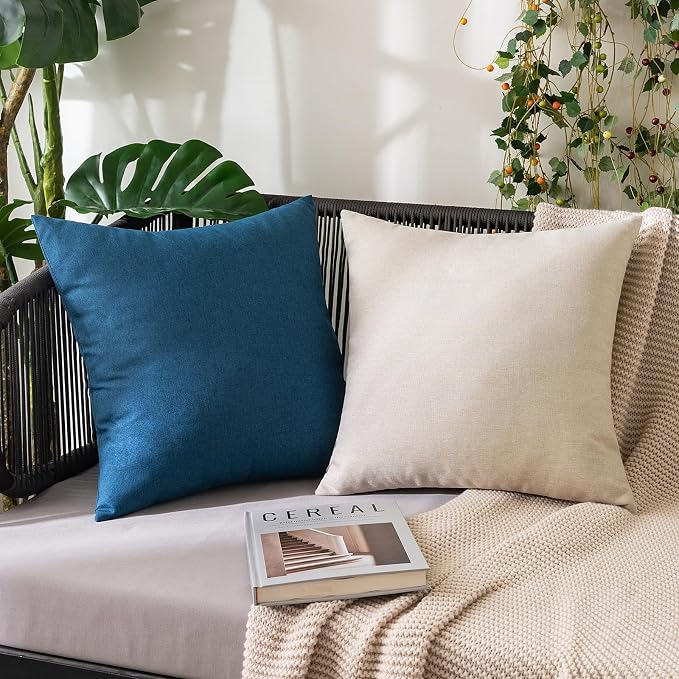 MIULEE Pack of 2 Decorative Outdoor Solid Waterproof Throw Pillow Covers Euro Sham Faux Linen Garden Farmhouse Coastal Cushion Cases for Summer Patio Tent Balcony Couch Sofa 22x22 Inch Blue