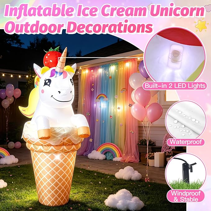 5FT Inflatable Unicorn with Ice Cream Cone for Summer Outdoor Decorations, Giant Blow Up Ice Cream Built-in LED Lights for Sweet Candy Theme Girls Birthday Party, Beach Pool Yard Garden Photo Backdrop